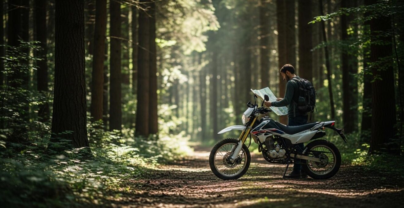 Une moto 125cc trail sur un chemin de terre en forêt, entourée d'arbres et de lumière filtrée, évoquant l'évasion.