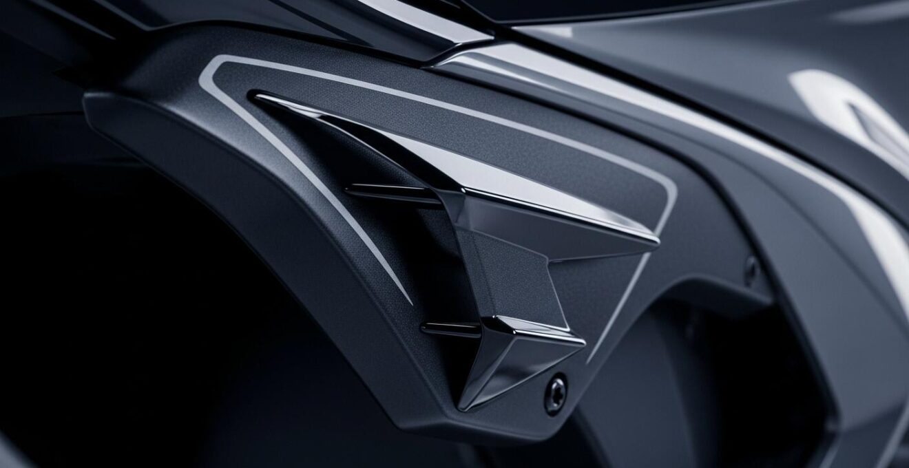 Vue rapprochée sur des ailerons latéraux sur un carénage de moto sportive, mettant en avant le design aérodynamique