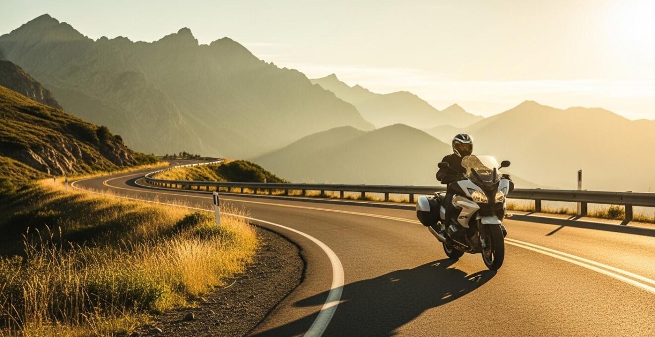Motard sur une moto de tourisme sur une route panoramique avec paysage au coucher de soleil