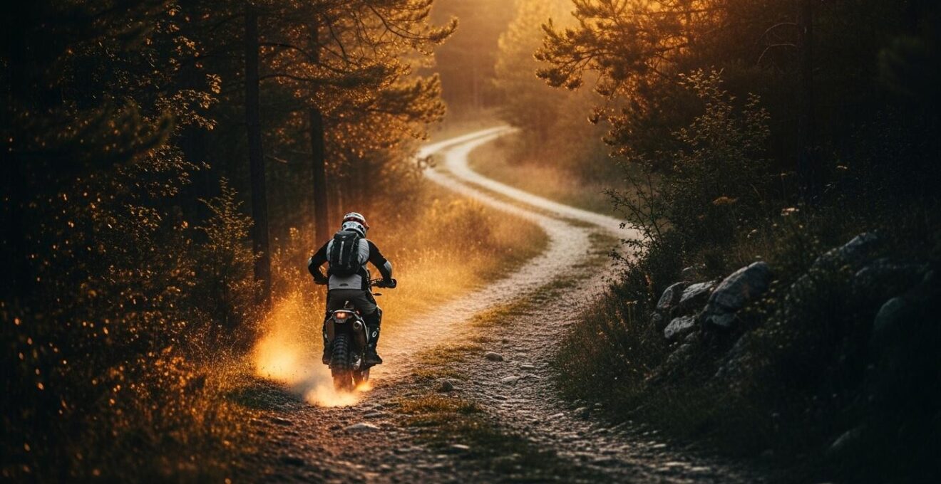 Un motard en tenue d'aventure sur un chemin tout-terrain sauvage au coucher du soleil