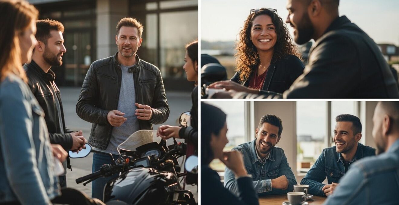 Un petit groupe de motards en discussion concentrée lors d'un briefing avant départ et un moment convivial autour d'un café après la balade.