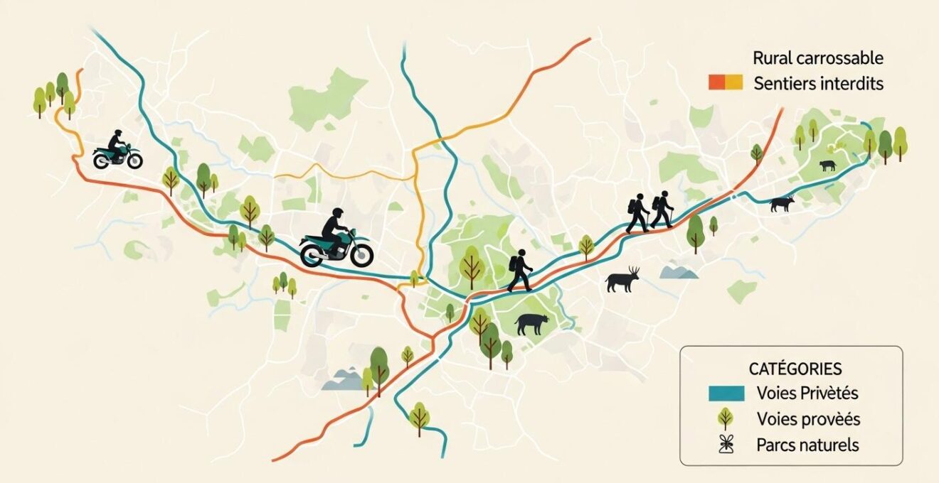 Carte stylisée montrant les types de chemins autorisés et interdits pour la moto tout-terrain
