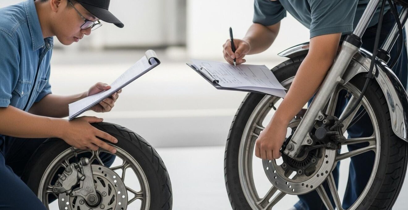 Un novice inspects attentivement une moto d'occasion avec une checklist à la main, dans un cadre lumineux et détaillé