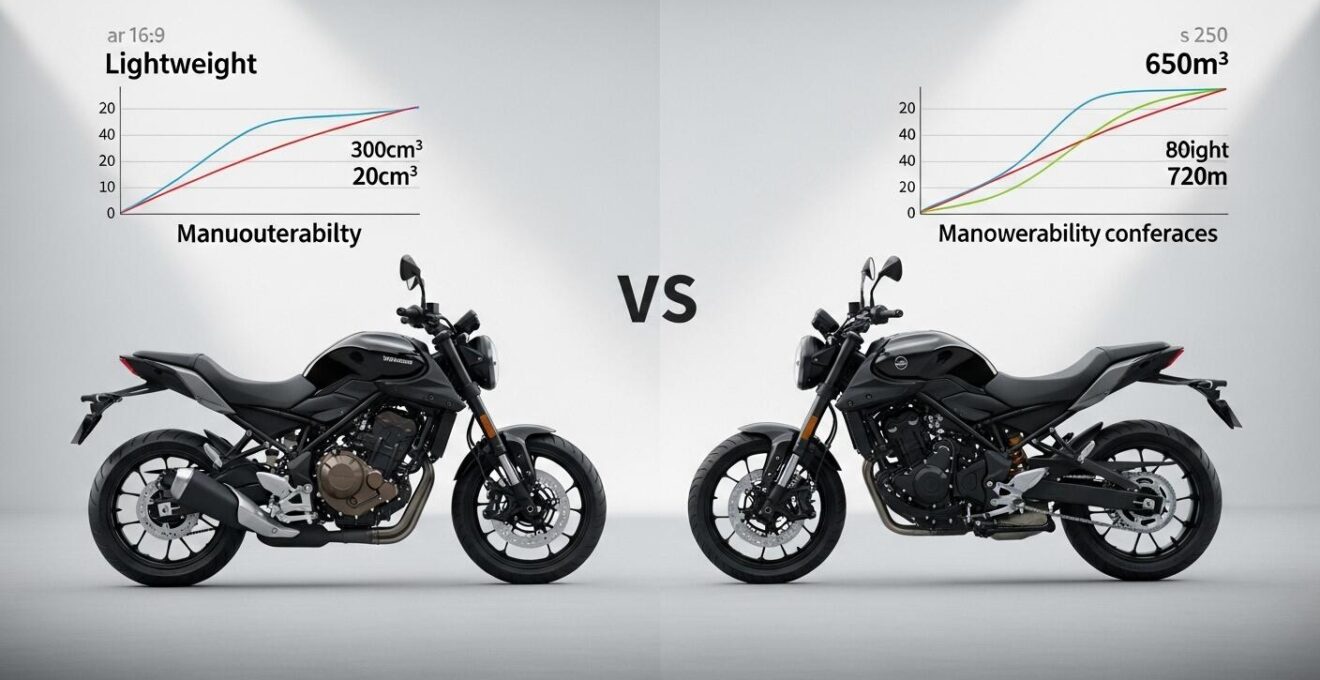 Comparaison visuelle entre deux motos A2, une légère 300cm³ et une plus lourde 650cm³, avec graphiques de couple et poids