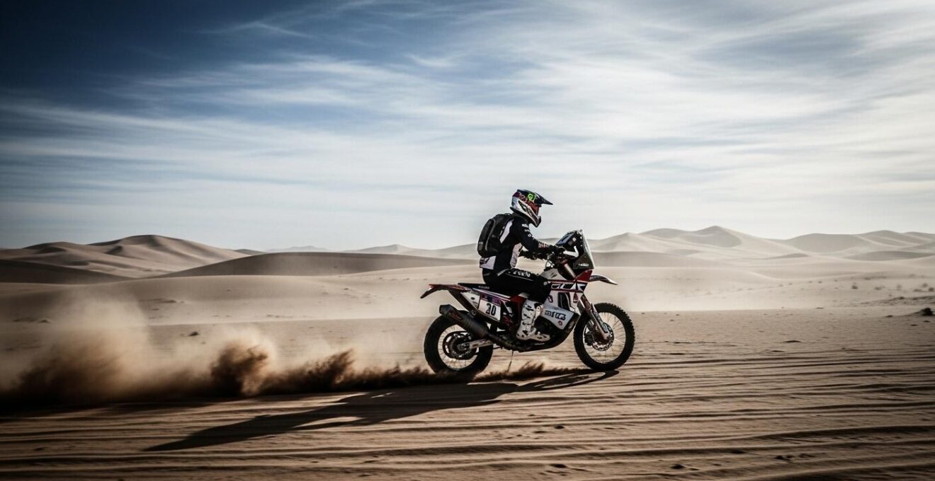 Motocycliste en tenue de rallye traversant un désert aride sous un ciel bleu intense