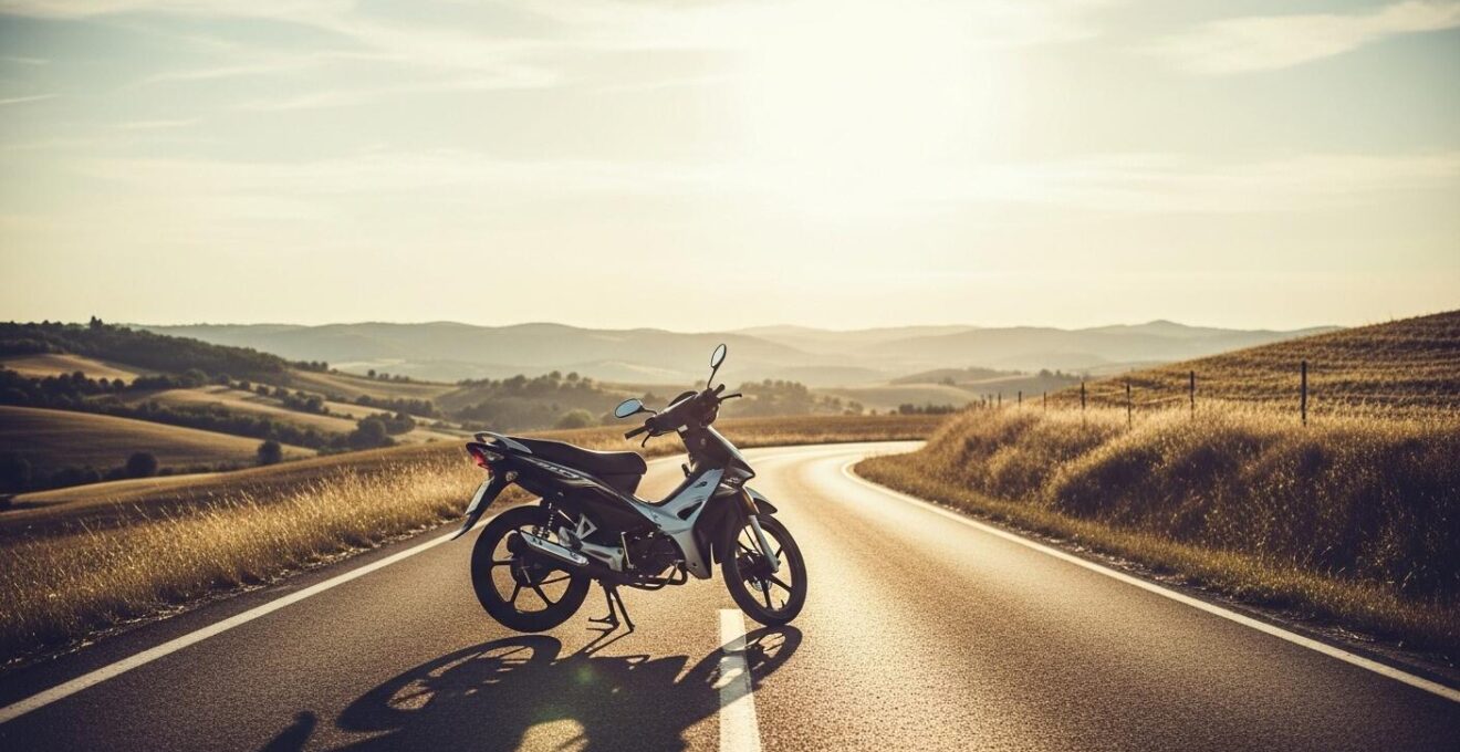 Une moto 125cc élégante sur une route sinueuse en campagne au coucher du soleil, symbolisant liberté et simplicité.