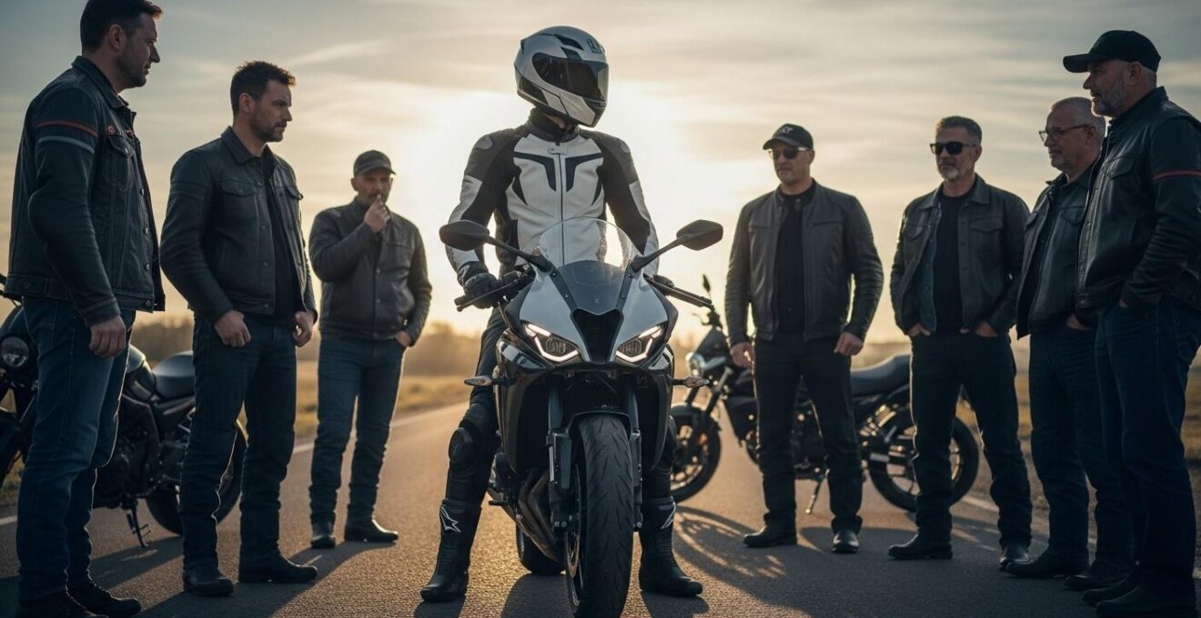 Un jeune motard avec un équipement tout neuf et brillant, observé de loin par un groupe de motards expérimentés qui échangent des regards.