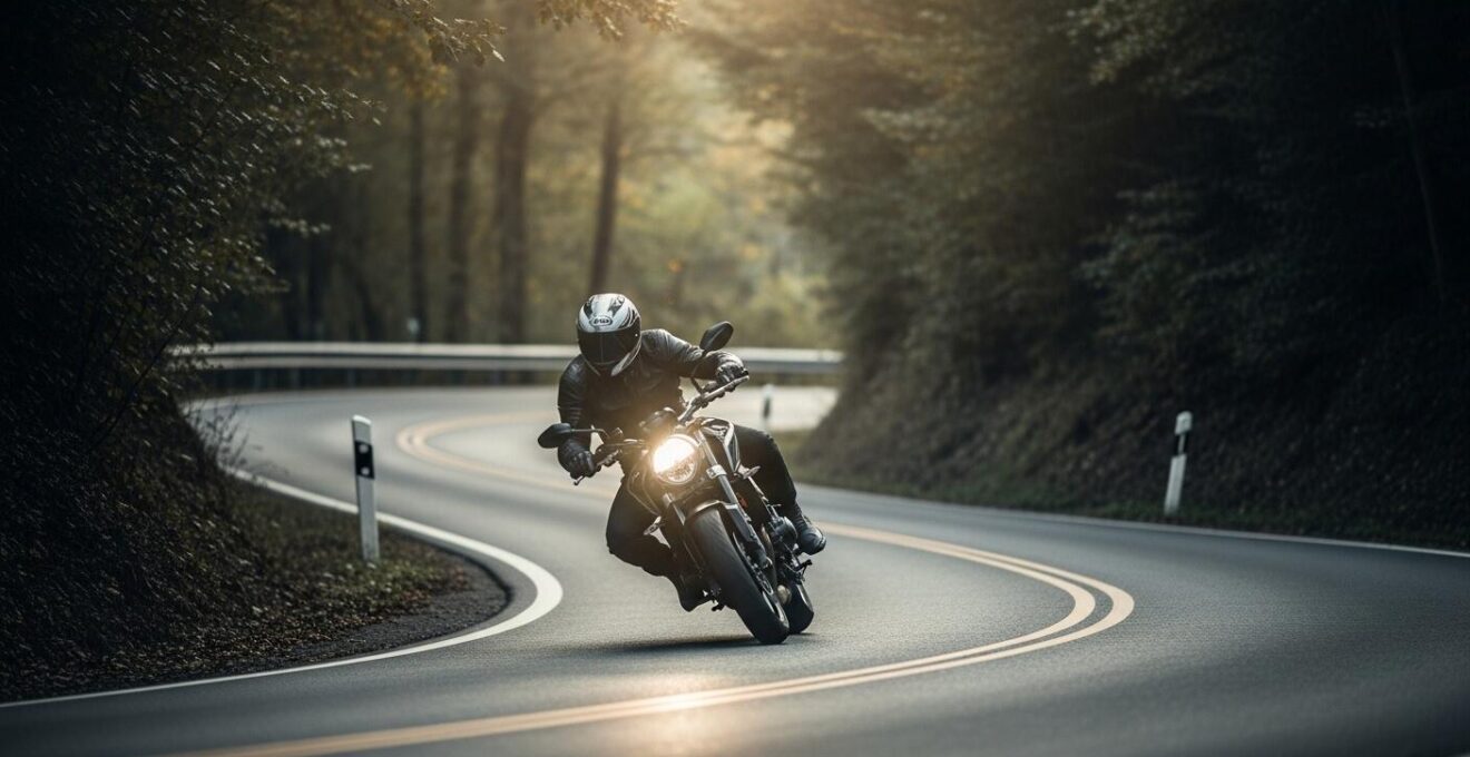 Un motard confiant en train d'effectuer un essai routier d'une moto dans un virage sur une route sinueuse en milieu naturel