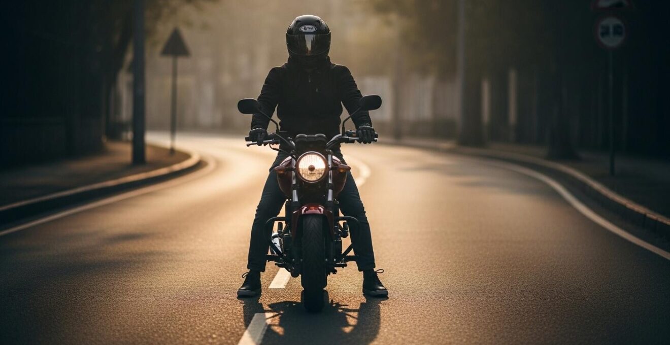 Un motard novice effectuant un essai routier sur une moto, concentré sur la position et le maniement dans un environnement urbain