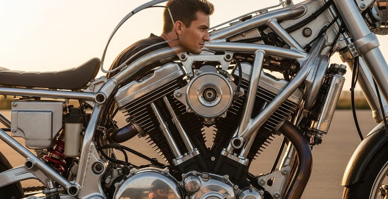Un motard fusionnant symboliquement avec le châssis d'une moto, mettant en évidence le moteur et les structures du cadre