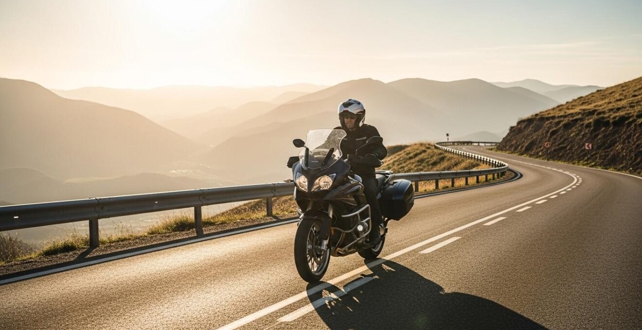 Moto en grand tourisme sur une route panoramique au lever du soleil avec paysage montagneux en arrière-plan