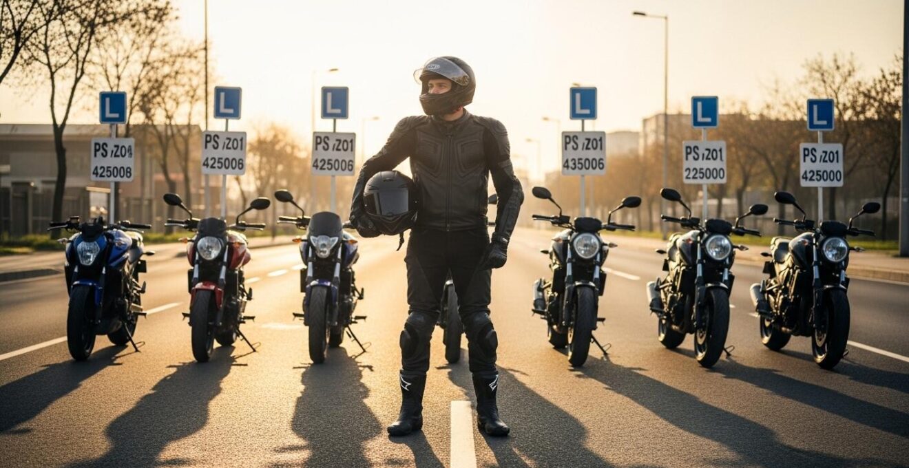 Motard en tenue complète tenant un casque, avec plusieurs motos alignées en arrière-plan symbolisant différents types de permis moto