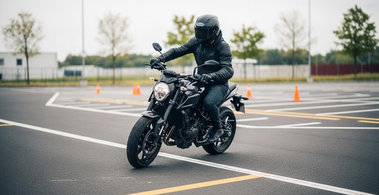 Motard en tenue complète maîtrisant sa moto puissante dans un parking sécurisé avec exercices pratiques.