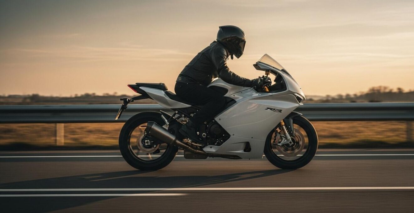 Moto avec un carénage aérodynamique élégant sur une route, symbolisant la sécurité et le design