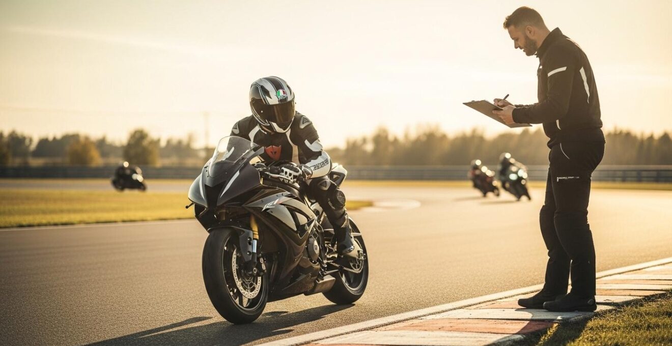 Un pilote moto prenant une courbe sur circuit avec un accompagnateur observant et débriefant à côté, symbolisant apprentissage et prudence