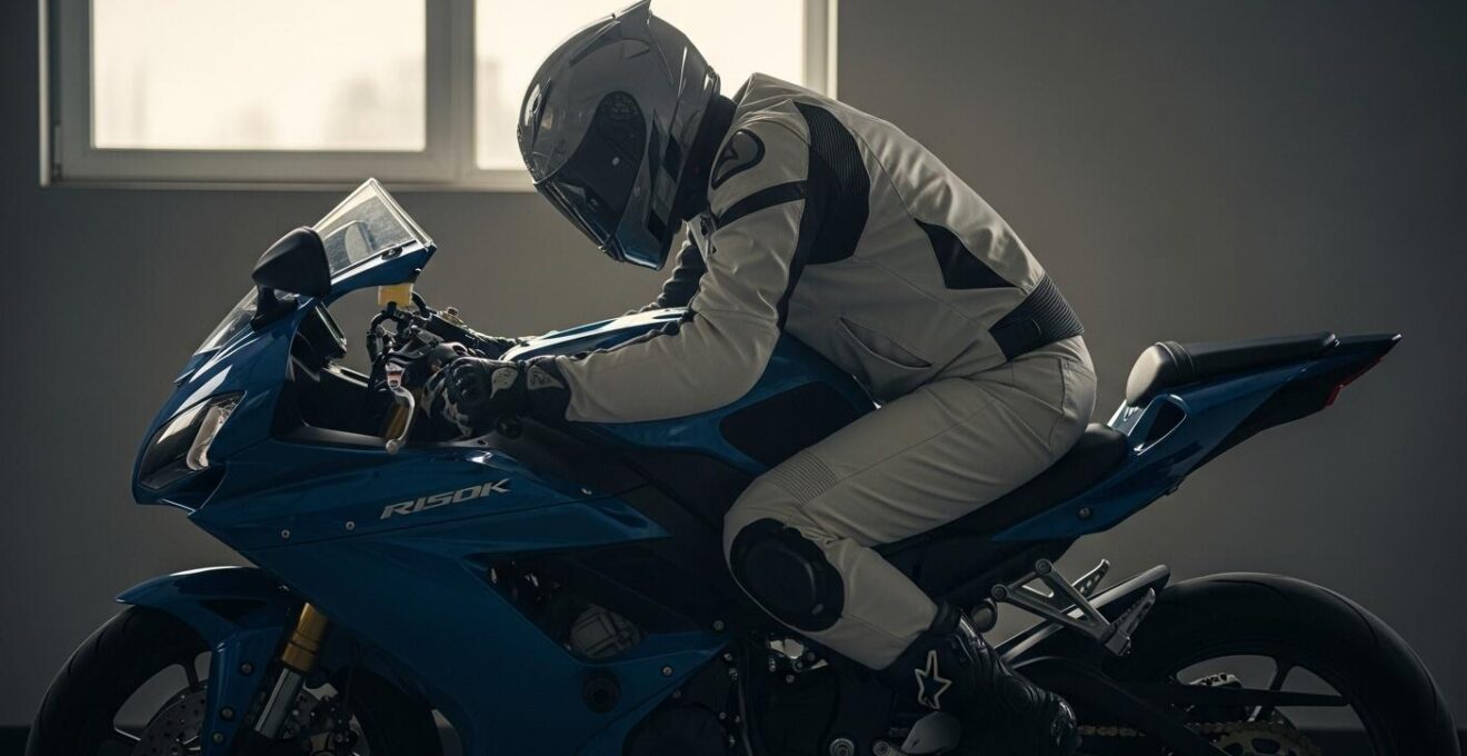 Motard montrant une posture correcte avec engagement abdominal et jambes serrées, soulignant l'importance du gainage et du pilotage par le tronc