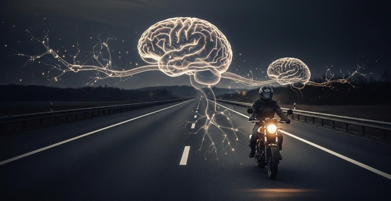 Un motard plongé dans une conduite monotone sur une route familière, entouré d’une représentation symbolique d’autoroutes neuronales et de zones d’ombre