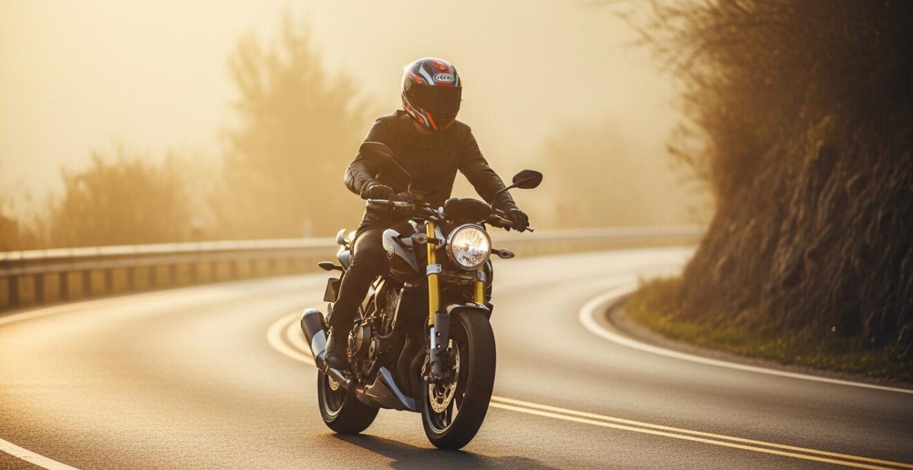 Un motard débutant roulant confiant sur une route sinueuse au lever du soleil, capturant la sérénité et la transformation de la peur en assurance.