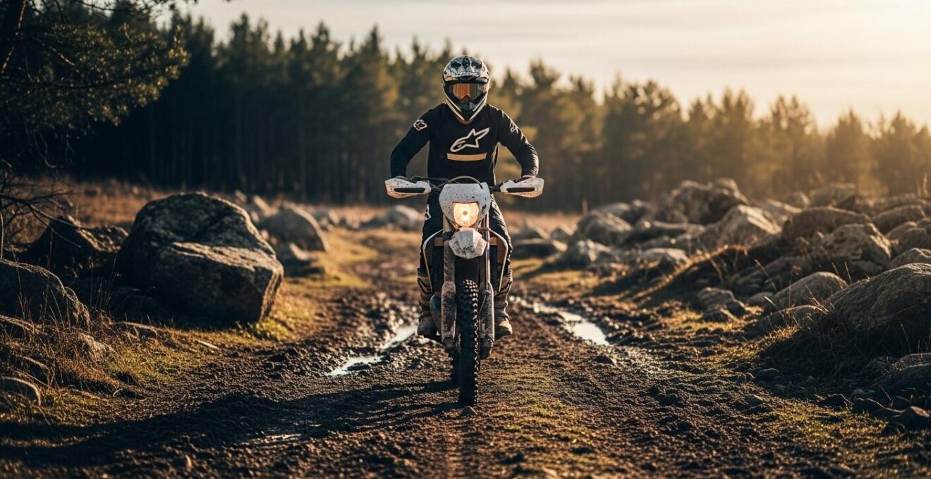 Pilote de moto tout-terrain debout sur sa machine en pleine nature, boue et sentier accidenté en arrière-plan