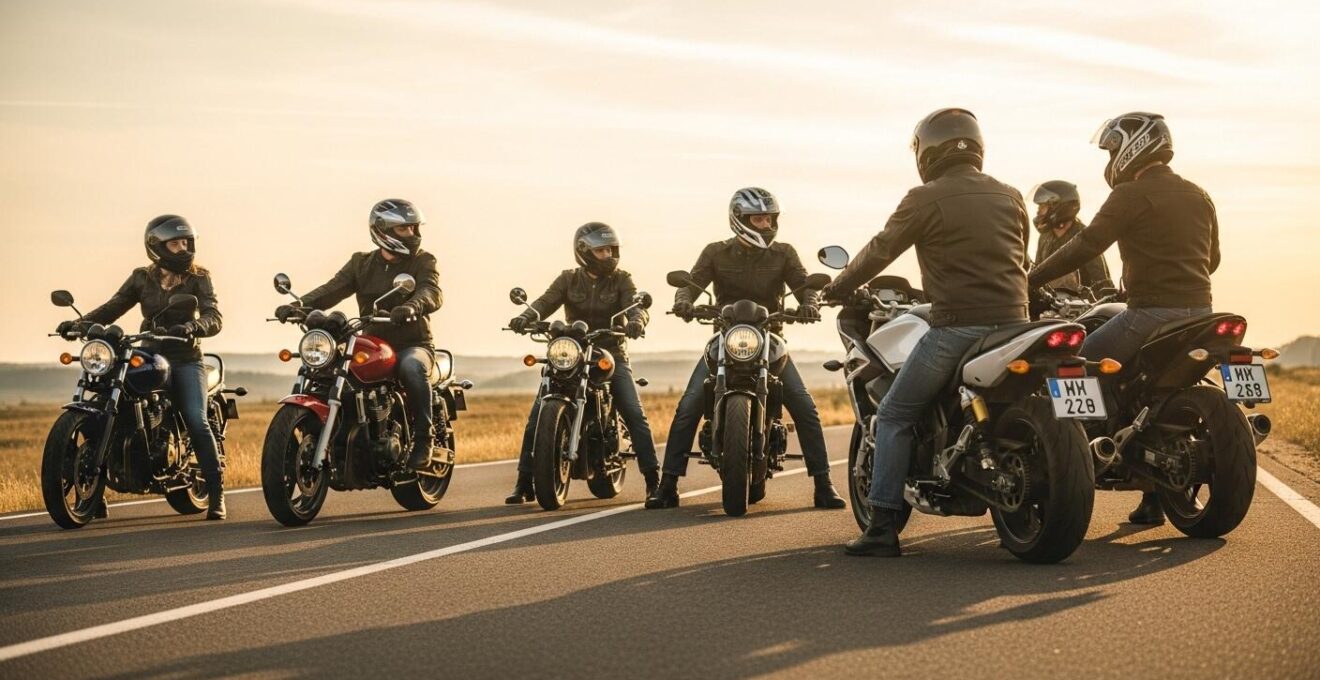 Un groupe de motards diversifiés sur leurs motos réunis sur une route pittoresque, symbolisant l'accueil dans la communauté motarde.