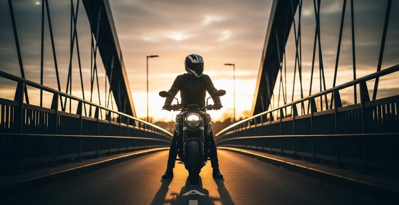 Un motard moderne sur une moto puissante, prêt à franchir une passerelle symbolique vers la liberté du permis A.