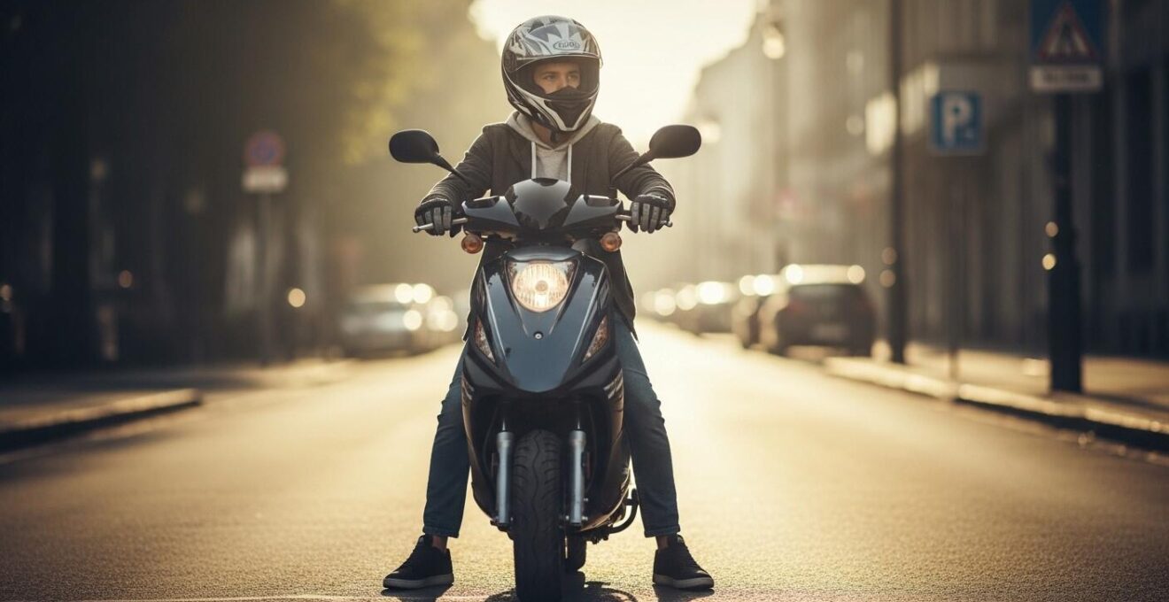 Un adolescent portant un casque de moto complet sur un scooter 50cc dans un environnement urbain, symbolisant la prudence et la formation à la sécurité routière