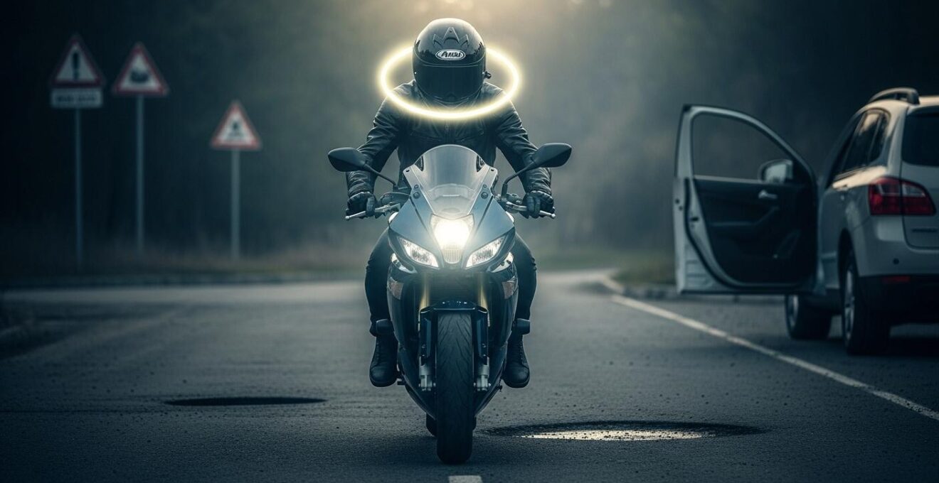 Un motard débutant concentré, avec un halo lumineux symbolisant la vigilance accrue face aux dangers autour de lui.