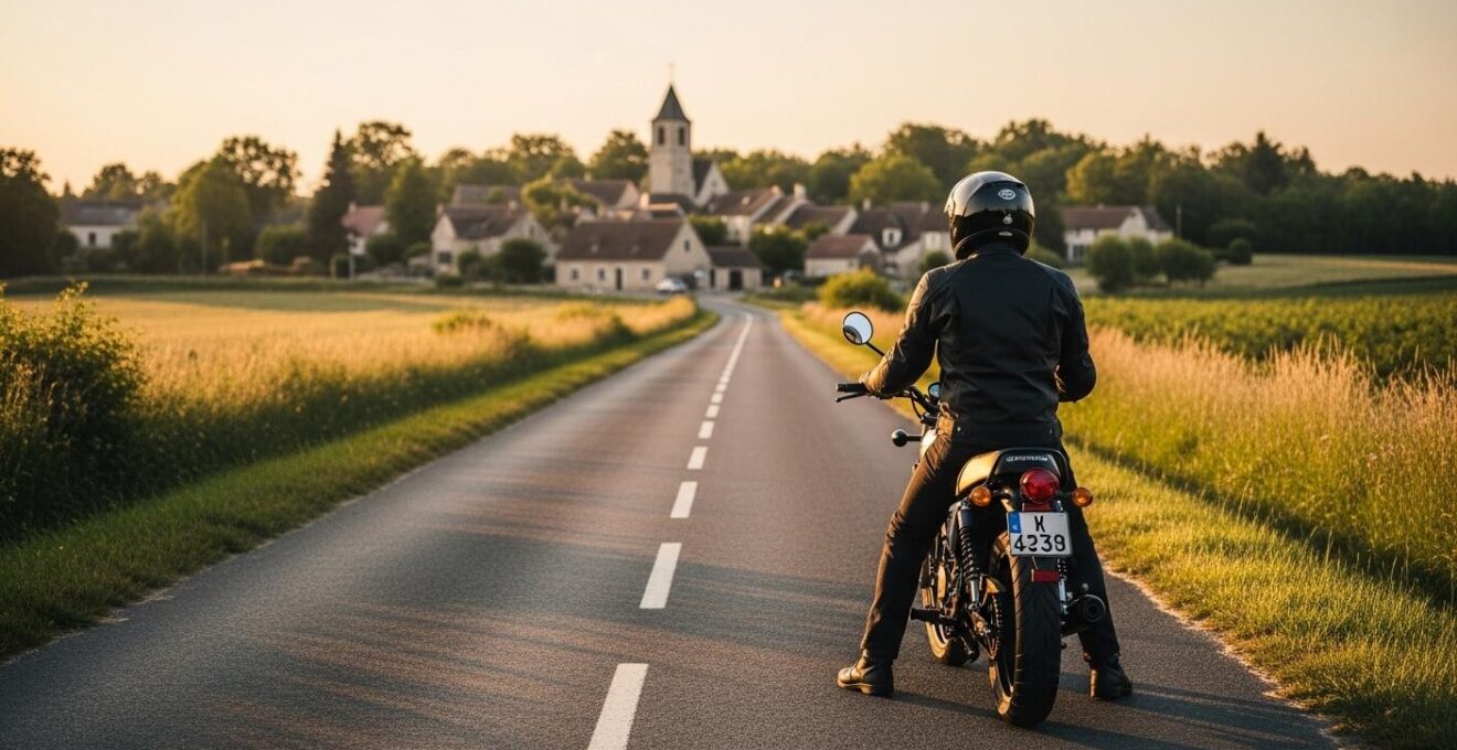 Motard en pause contemplant un village pittoresque lors d'un tour de France à moto 125, symbolisant le slow travel et la découverte