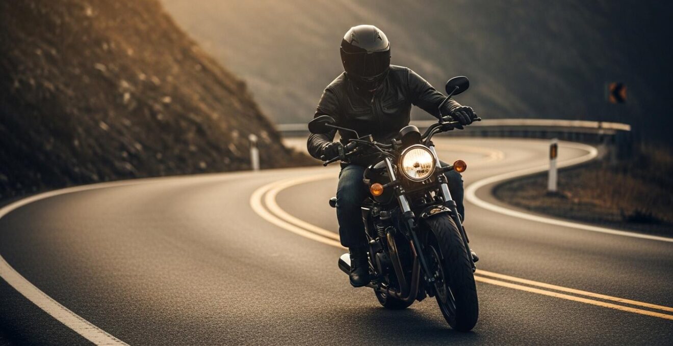 Un motard expérimenté sur une route sinueuse, avec un regard concentré mais un danger imminent suggéré par l'environnement
