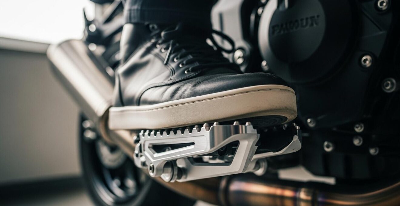 Vue rapprochée des pieds du pilote sur les repose-pieds d'une moto en position de pilotage stable.