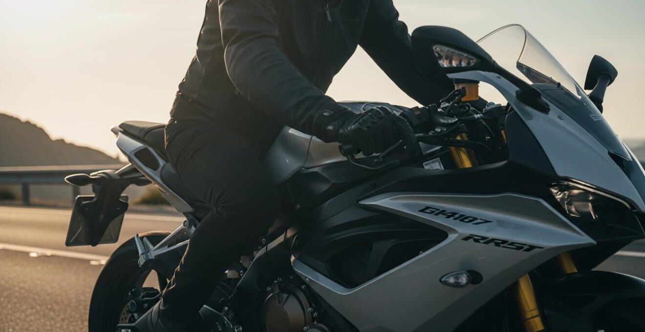 Pilote de moto en position dynamique sur sa moto, démontrant la maîtrise parfaite du corps pour régler la moto.