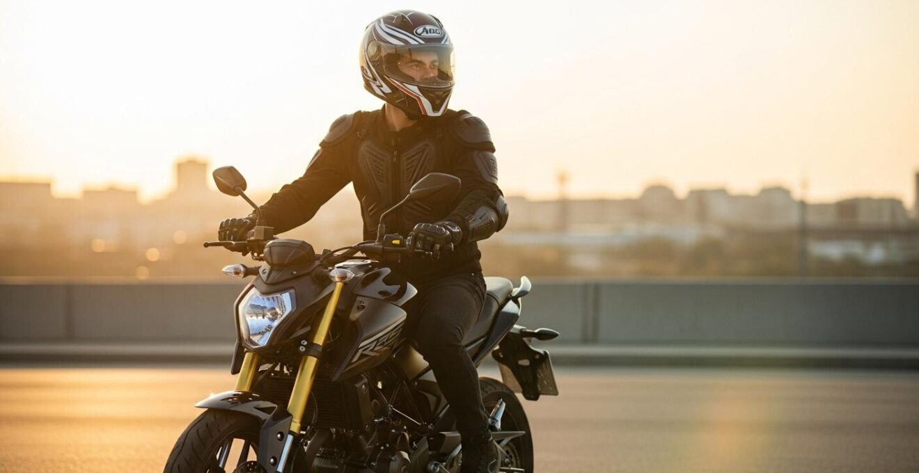 Jeune motard souriant sur une moto 125cc moderne, débutant sa première expérience avec le permis A1 en milieu urbain