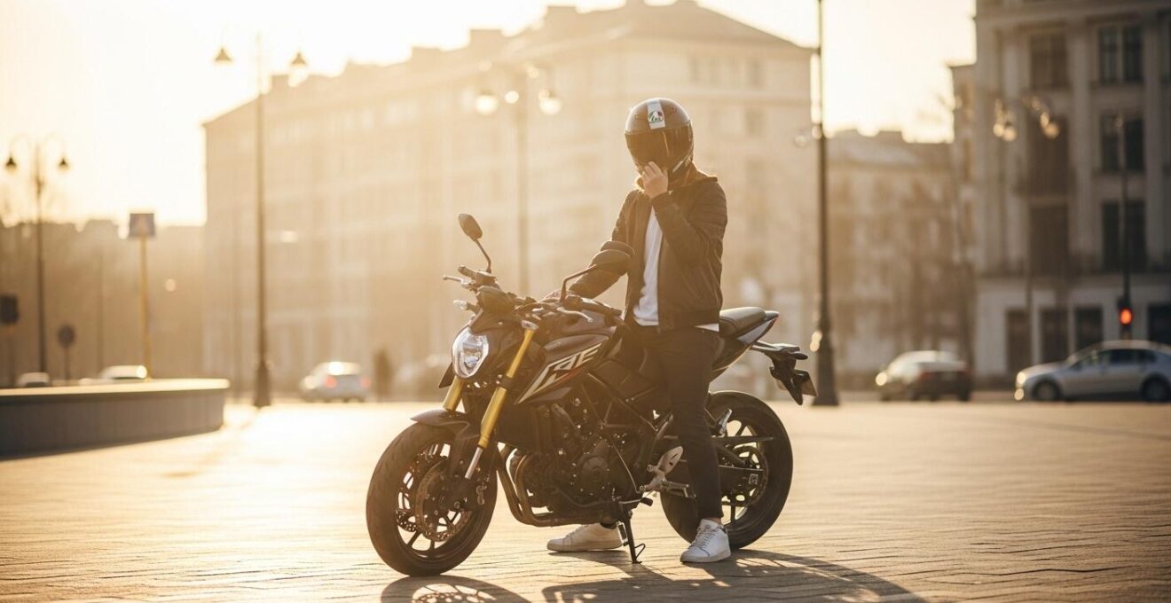 Un jeune motard souriant posant à côté de sa première moto en milieu urbain, symbolisant le rêve et le choix réfléchi