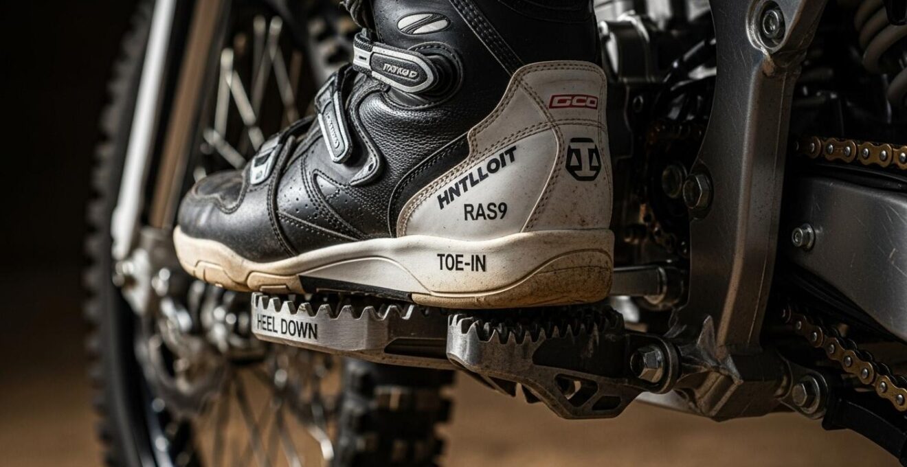 Photographie rapprochée des pieds d'un pilote sur les repose-pieds d'une moto tout-terrain illustrant les positions et pressions du pied au talon et aux orteils