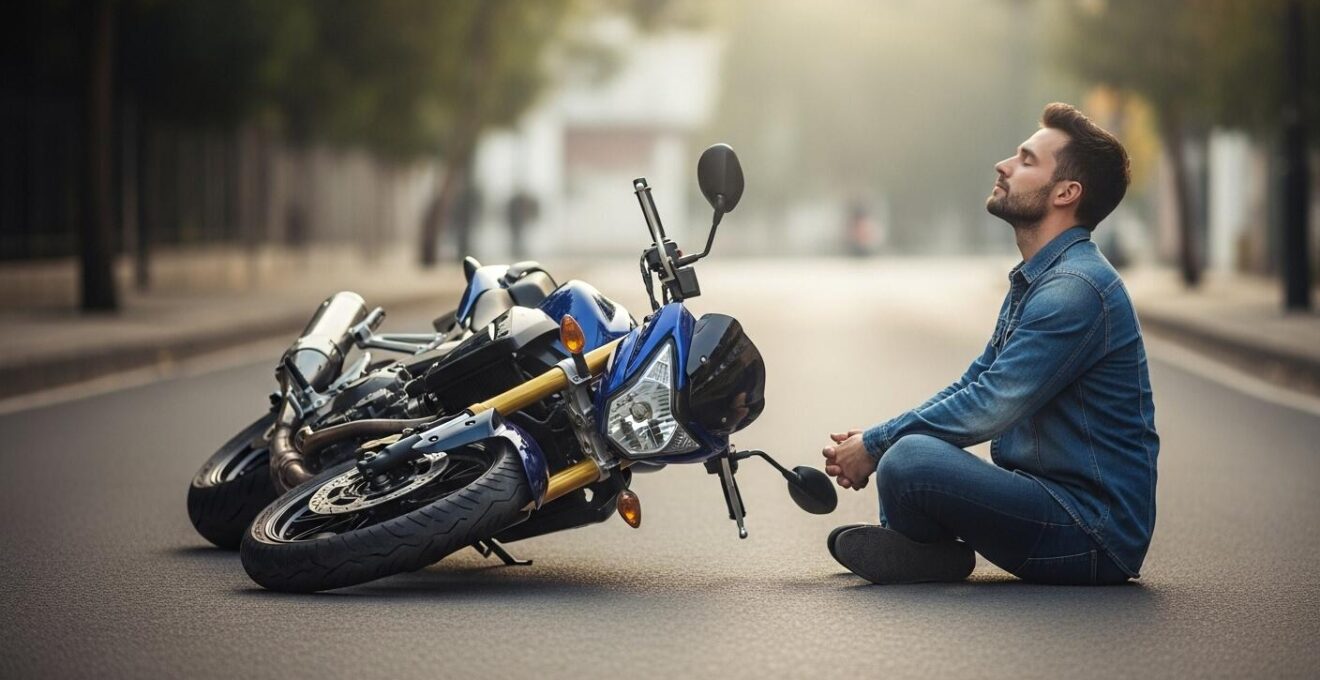 Un motard calmement assis à côté de sa moto tombée à l’arrêt, pratiquant la respiration pour se reprendre mentalement.