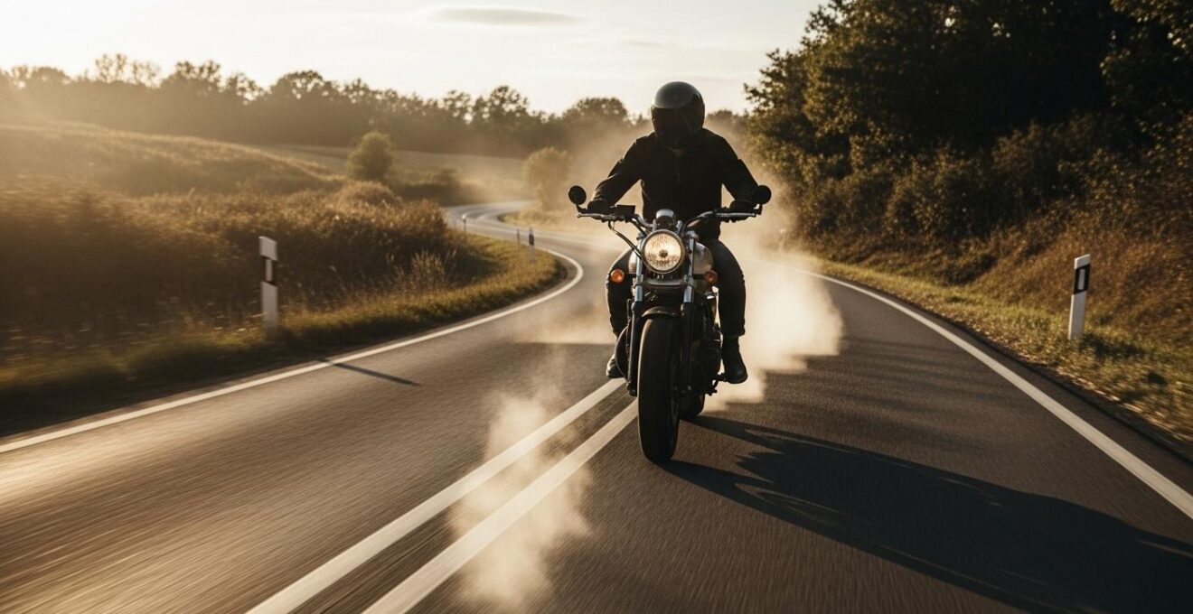 Photo d'un motard moderne sur un roadster sans carénage, à vive allure sur une route sinueuse, vent visible au visage et paysage dynamique.