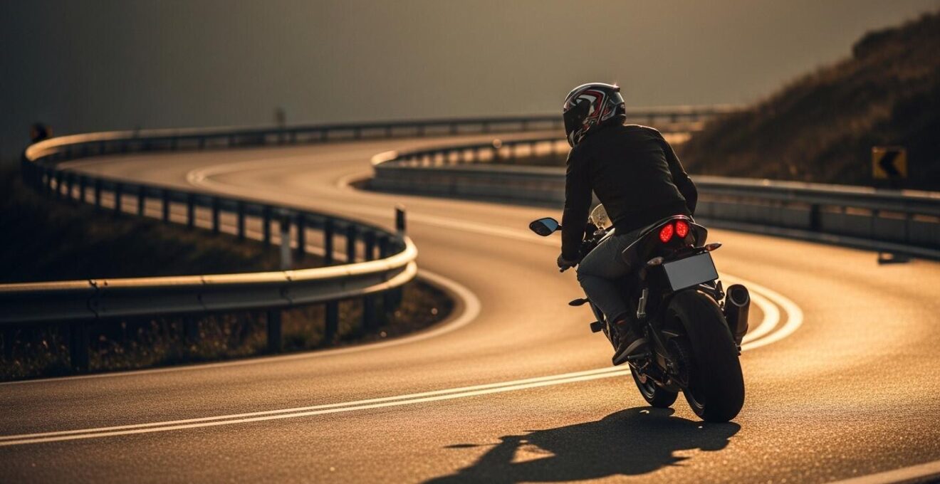Une moto sportive à l'arrêt sur une route sinueuse avec un motard concentré appréciant le paysage à basse vitesse
