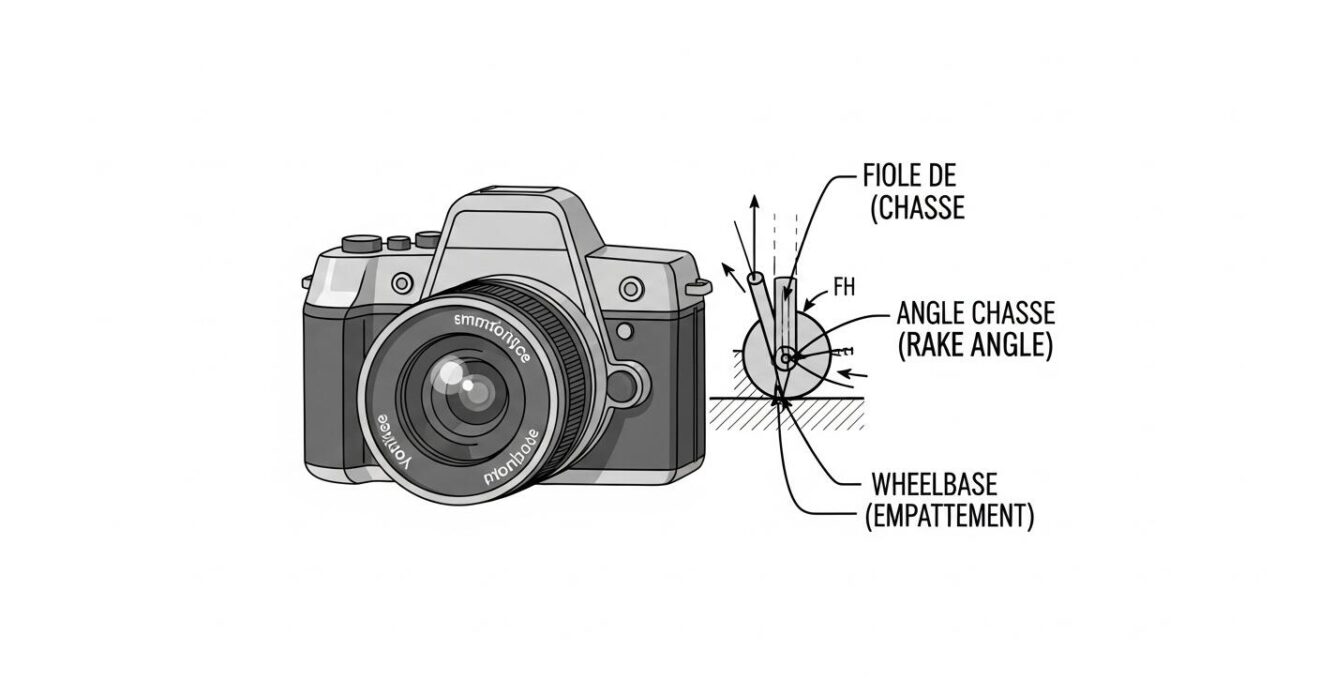 Illustration schématique montrant la géométrie d'une moto avec angle de chasse et empattement indiqués, mettant en avant leur influence sur la maniabilité