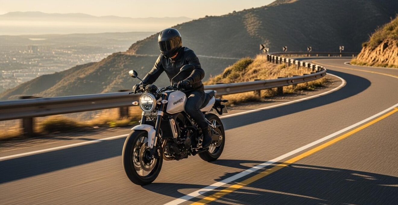 Un motard sur une route sinueuse avec une moto maniable, capturant l'essence du choix d'une moto idéale pour le plaisir quotidien