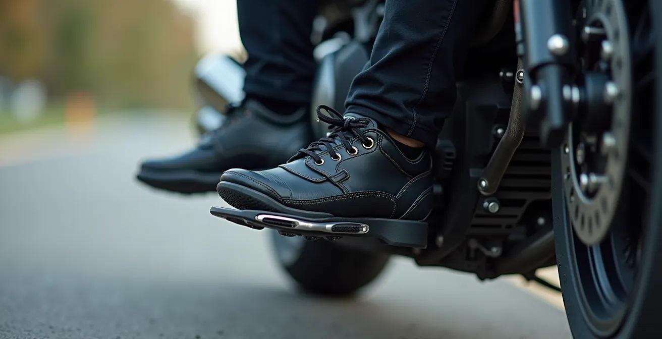 Position correcte des pieds sur les repose-pieds montrant l'appui optimal et l'engagement des muscles des jambes