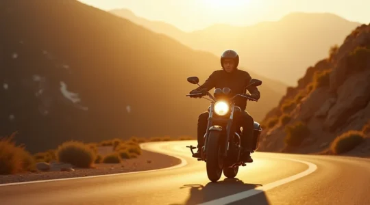 Motard chevronné en position de conduite optimale sur une route sinueuse de montagne, incarnant la maîtrise du voyage longue distance