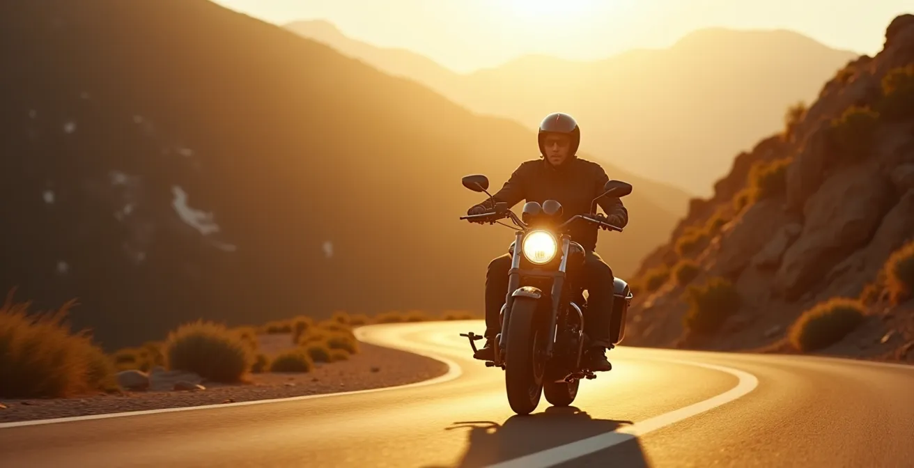 Motard chevronné en position de conduite optimale sur une route sinueuse de montagne, incarnant la maîtrise du voyage longue distance