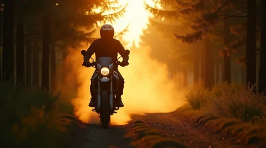 Motard aventurier sur un sentier forestier, moto tout-terrain en pleine action sous un ciel doré