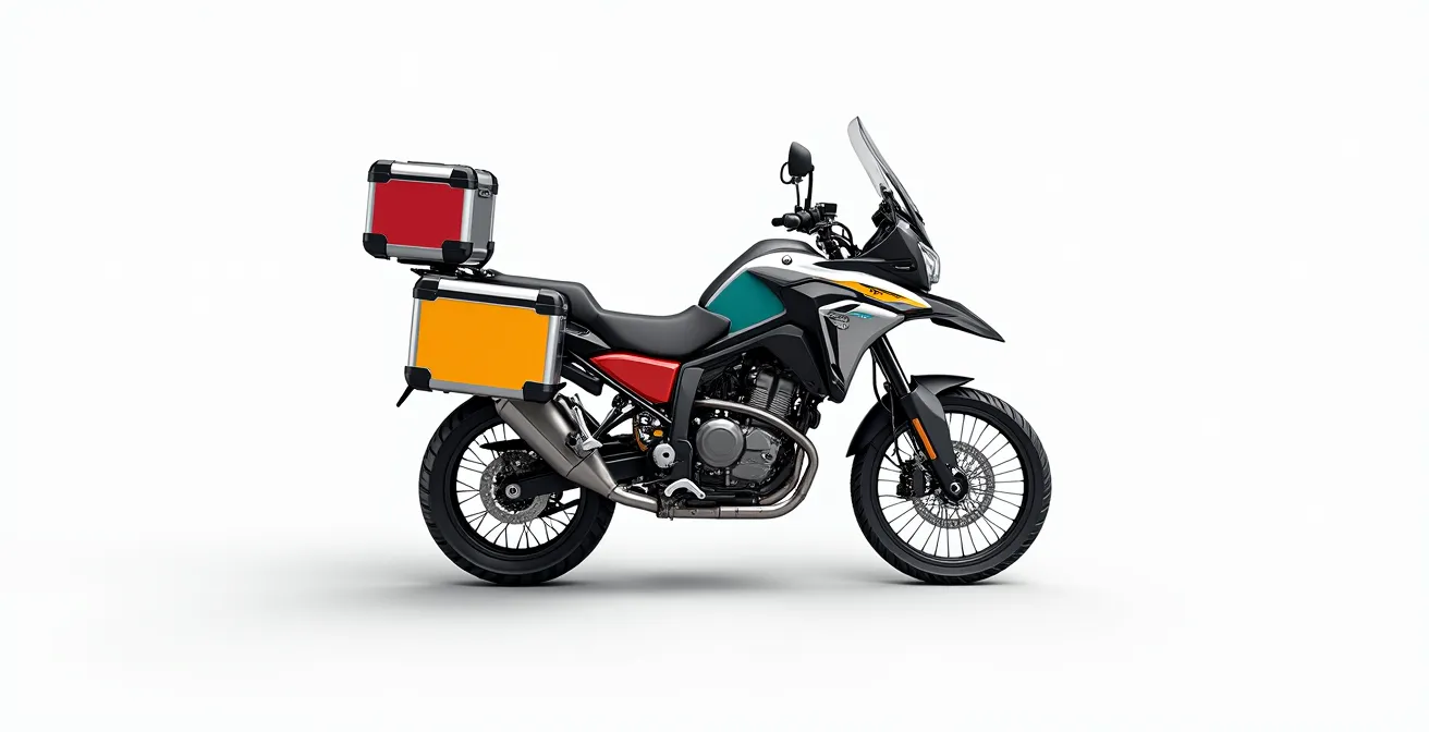 Vue schématique d'une moto montrant la répartition optimale des bagages selon leur poids et leur volume