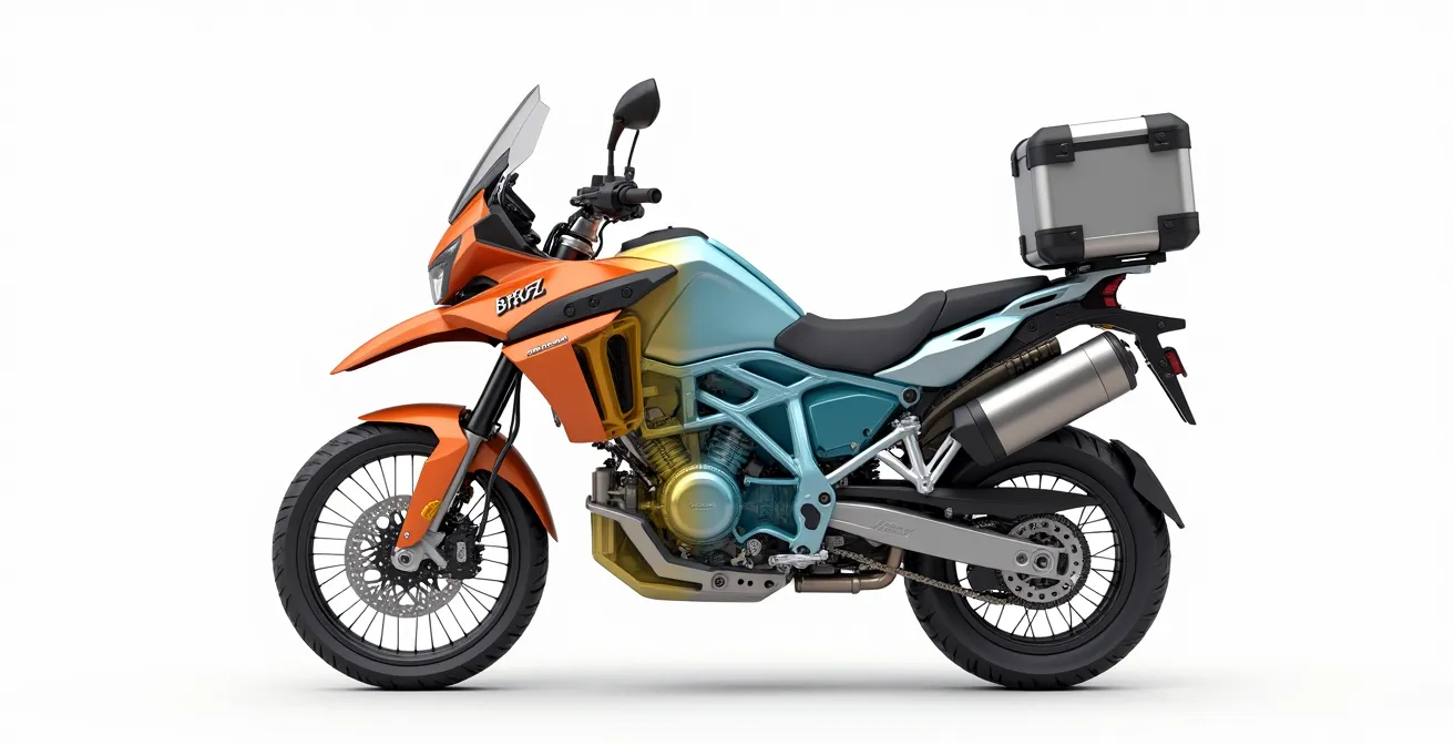 Schéma technique montrant la répartition optimale des masses sur une moto de voyage avec indication du centre de gravité