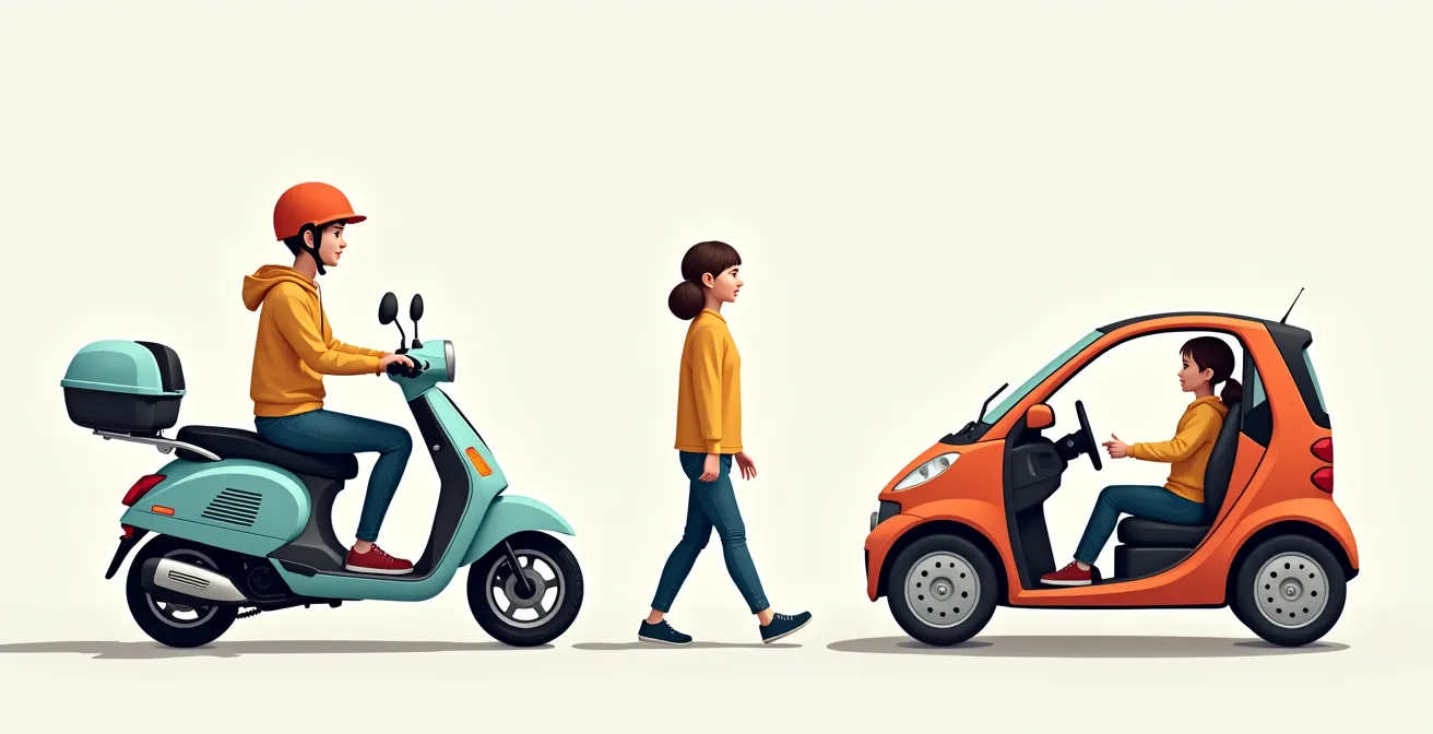 Comparaison visuelle entre un scooter 50cc et une voiturette, montrant leurs différences en termes de taille, stabilité et équipement de sécurité