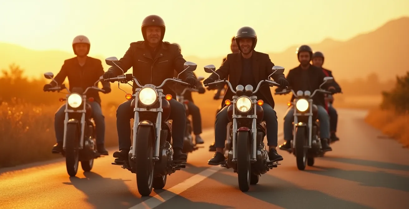 Un groupe diversifié de motards en balade, symbolisant la communauté accueillante et passionnée
