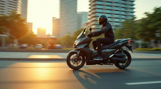 Une moto 125cc moderne en plein déplacement urbain, symbolisant la mobilité intelligente et le plaisir simple.
