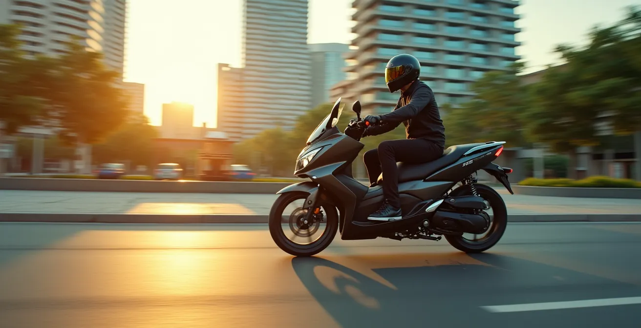 Une moto 125cc moderne en plein déplacement urbain, symbolisant la mobilité intelligente et le plaisir simple.