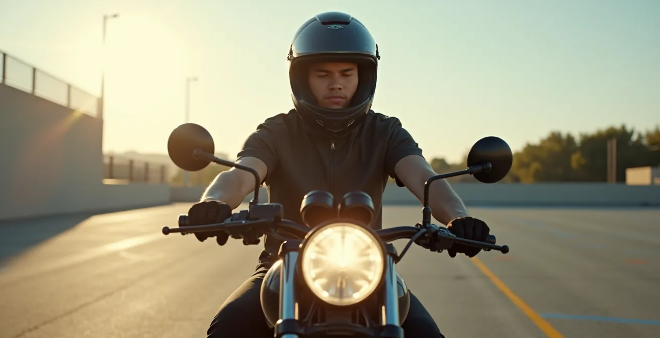 Un motard débutant effectuant un exercice d’équilibre à moto sur un parking, les yeux fermés, concentré sur les sensations de la moto.